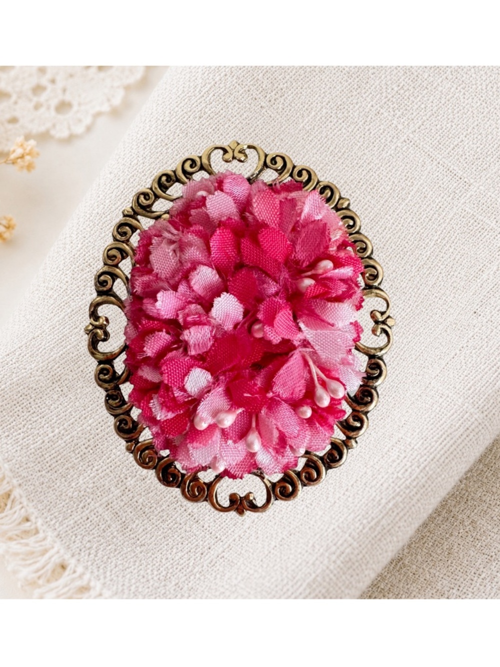 Vintage Pink Fabric Flower Brooch Pin Gold Tone Filigree Oval Romantic Corsage